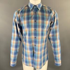 PRADA Size M Blue Yellow Plaid Cutaway Long Sleeve Shirt